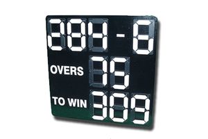 black cricket scoreboard with white digital numbers