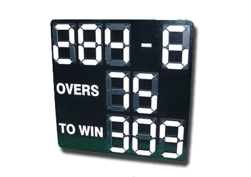black cricket scoreboard with white digital numbers